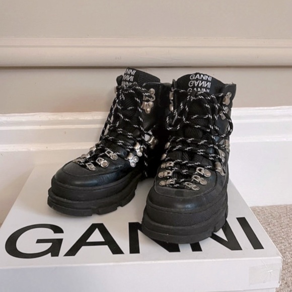 Ganni Shoes - Ganni Black Chunky Lace Up Leather Hiking Hiker Boots - U.K. 4 / 5